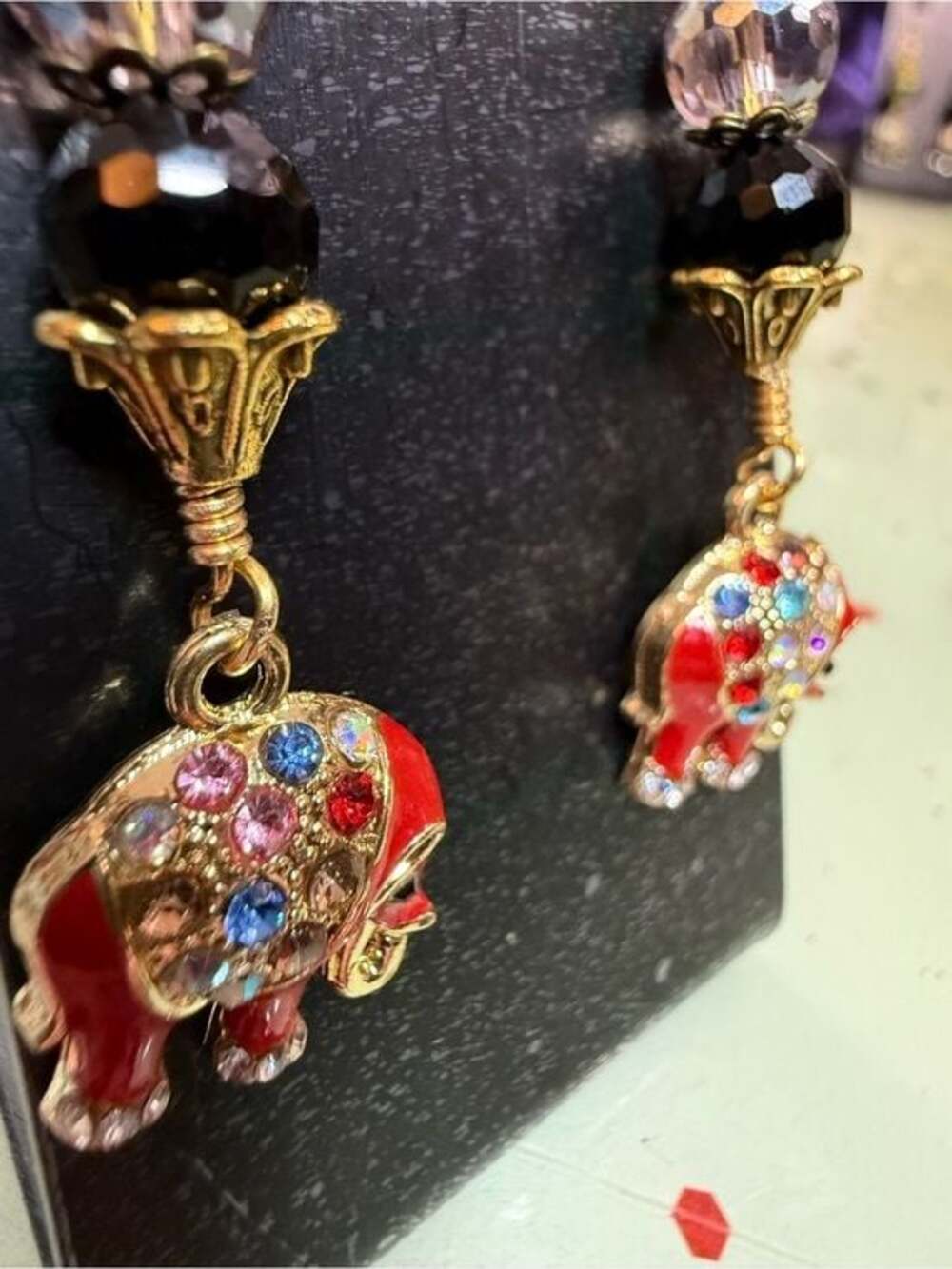 Artisan Red Elephant Hand Wrapped Crystals 14K Gold Ear Wire Earrings - Picture 6 of 6